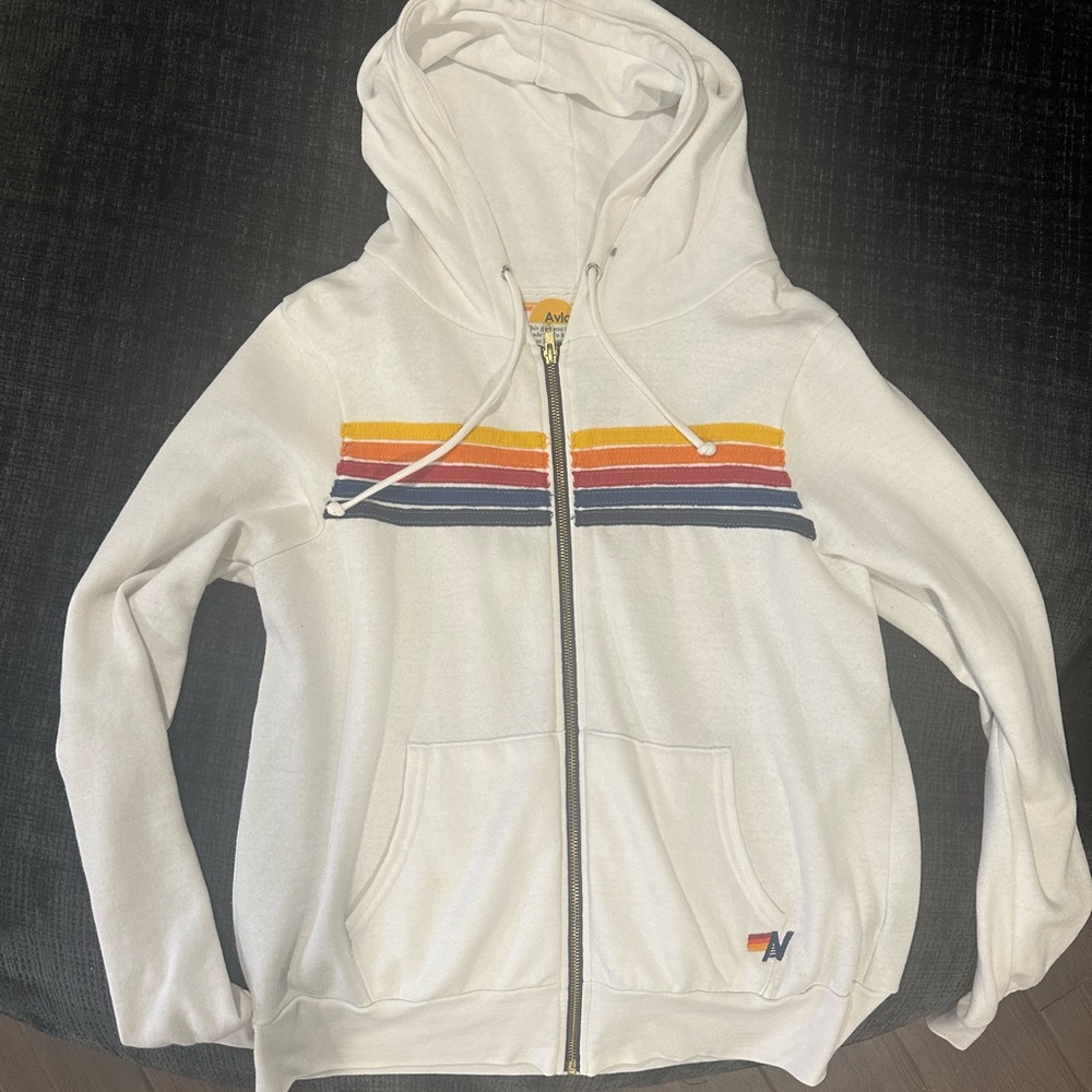 Aviator Nation White Hoodie with Rainbow Stripes